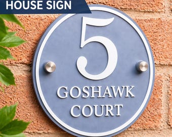 Dusky Blue Personalised House Sign | Round Acrylic Door Number Plaque | 3D Raised Matt White Lettering | Modern Address Sign UK