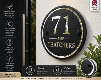 Personalised Matte Black & Mirror Silver House Sign | Modern Acrylic Door Number Plaque | Round House Sign | Contemporary Address Sign UK