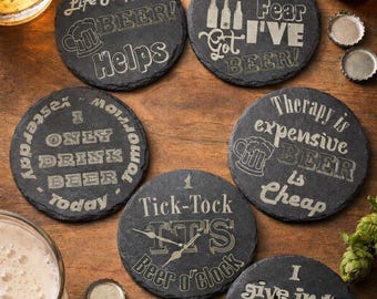 Fun Drinks Coaster sets (6 pack) - Beer Lovers, Slate Cork Oak finish Laser Crafted UK