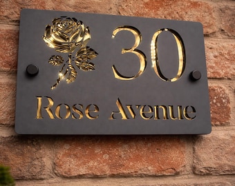 Personalised Acrylic House Sign, Mirror Back, Rose Design, Address Plaque