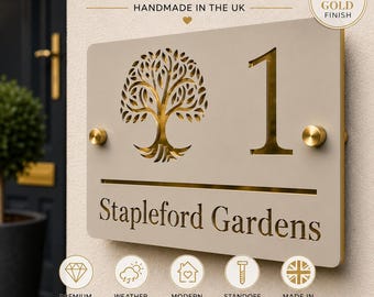 Personalised House Sign UK | Stone & Mirror Gold Acrylic Door Number Sign | Modern Address Plaque | Luxury Outdoor House Sign