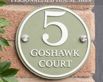 Sage Green Personalised House Sign | Round Acrylic Door Number Plaque | 3D Raised Lettering | Modern Address Sign | Outdoor UK
