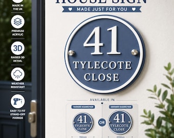 Personalised Round House Sign | Denim Blue & White Acrylic House Number Sign | Modern Address Plaque | 3D Door Number Sign UK