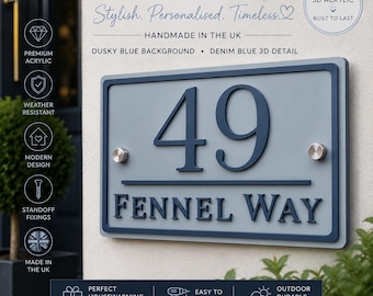 Personalised House Sign UK | Dusky Blue & Denim Blue Acrylic Door Number Sign | Modern Address Plaque | 3D Outdoor House Sign