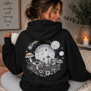 Celestial Moon Full Zip Hoodie, Mystic Mushroom ZipUp Hoodie, Moon Phase Hoodie, Whimsigoth Hoodie, Cottagecore Hoodie, Lunar Botanical Gift