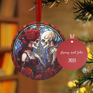 Skeleton Lovers Christmas Tree Ornament with Dark Red Roses Personalized Metal Ornament Whimsigoth Custom Gothic gift for Goth Couple Bridal