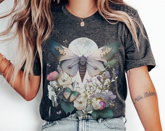 Moth Shirt Pressed flowers tshirt Luna moth tee Celestial Cottagecore Shirt Whimsigoth Mystical Moon Tshirt  Boho Moth and Flowers T-shirt