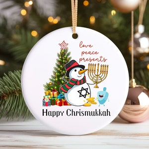 Happy Chrismukkah Ornament Snowman with Menorah Love Peace Presents Funny Holiday Decor Keepsake Gift for Christmas and Hanukkah
