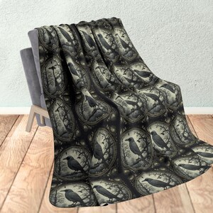 Gothic Crow Sherpa Plush Blanket Raven Throw Dark Academia, Witchy Bird Gift, Whimsigoth, Cozy Blanket for Her Housewarming gift
