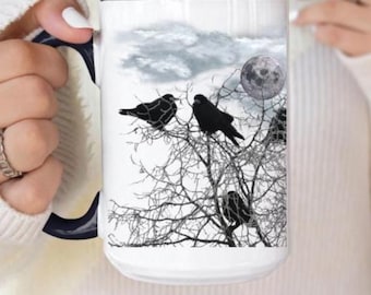 Raven Mug for Crow Lovers, Gothic Coffee Mug, Dark Academia Tea Cup, Witchy Bird Lover Gift, Whimsigoth Cottagecore Decor