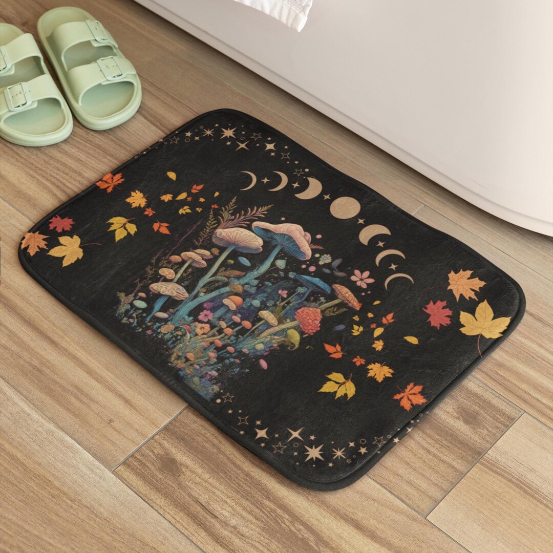Mushrooms Celestial Moon Bath Mat, Fall Vibes Boho Bathroom Rug, Witchy ...