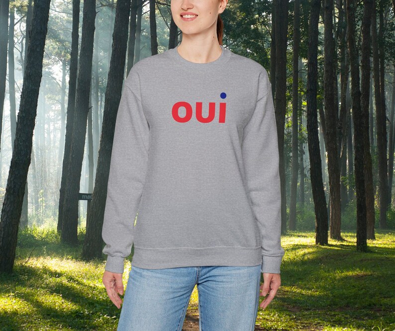 May include: A gray sweatshirt with the word "oui" in red letters and a blue dot above the "i".