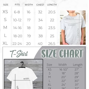 May include: Size chart for youth Gildan 5000B t-shirts. The chart shows the size, fit, width, chest, and length in inches. A diagram shows how to measure the width and length of a t-shirt.