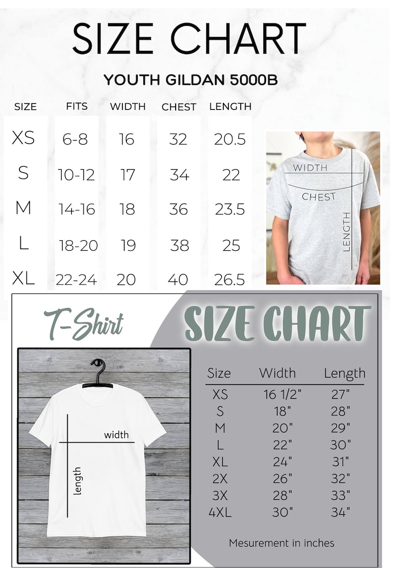May include: Size chart for youth Gildan 5000B t-shirts. The chart shows the size, fit, width, chest, and length in inches. A diagram shows how to measure the width and length of a t-shirt.