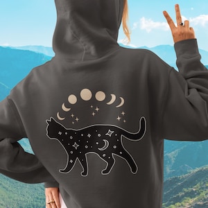 Black Cat Zip Up Hoodie, Ferral Cat Mom Dad Full Zip Hooded Sweatshirt, Celestial Moon Phases Halloween Hoodie, Black Cat Witchy Gift