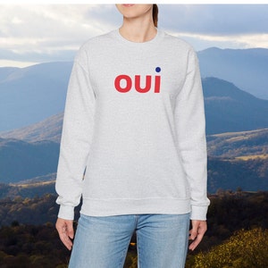May include: A gray sweatshirt with the word "OUI" in red letters and a blue dot above the "I".