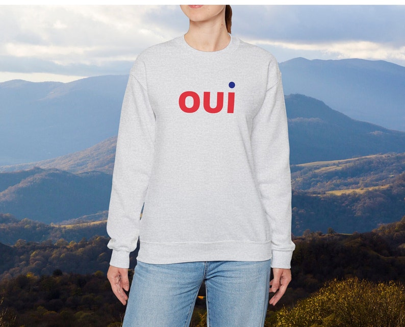 May include: A gray sweatshirt with the word "OUI" in red letters and a blue dot above the "I".