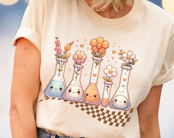 Science Teacher Shirt, Chemistry Laboratory Tee, Biology Chemist Floral Shirt, Gift for Teacher Women in Stem Science PhD Student Lab Flask