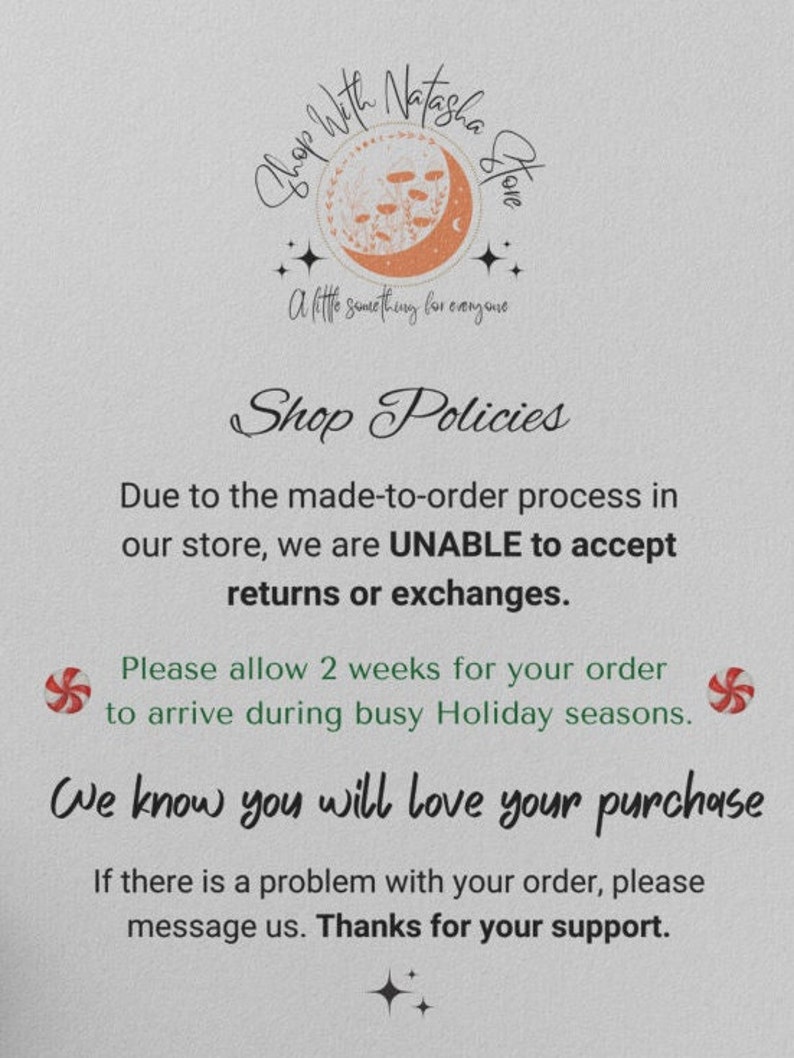 May include: A graphic with the text "Shop With Natasha Store" and "A little something for everyone." The image also includes shop policies regarding returns and order processing times.