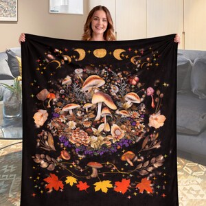 Mushroom Blanket Whimsigoth Moon Phases Throw | Cottagecore Gothic Decor Pressed Flowers Fall Leaves Plush Gift