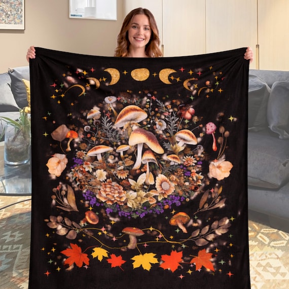 Mushroom Blanket Whimsigoth Moon Phases Throw | Cottagecore Gothic Decor Pressed Flowers Fall Leaves Plush Gift