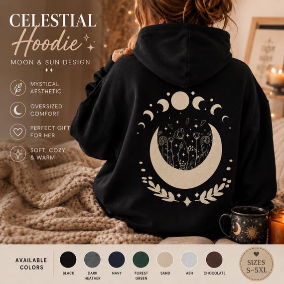 Celestial Hoodie, Moon and Sun Sweatshirt, Witchy Oversized Hoodie, Mystical Astrology Sweatshirt, Cottagecore Spiritual Gift