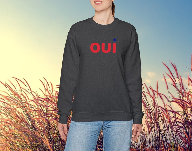 May include: A dark gray sweatshirt with the word "OUI" in red letters with a blue dot above the "I".