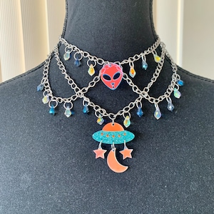 Layered Chain Necklace (Alien & Spacecraft)