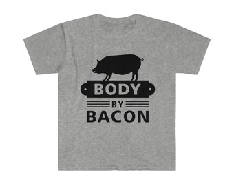 Lustiges BBQ T Shirt, Body By Bacon T Shirt, Shirts mit Sprüchen Männer, Bacon Meme Shirt, Ruhe bewahren und Speck essen, Frühstück T Shirt, BBQ Geschenke