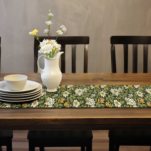 Pu&ograve; includere: Un tavolo da pranzo in legno con un runner floreale, piatti bianchi, una ciotola e una brocca bianca con fiori. Il runner presenta un motivo di fiori bianchi e foglie verdi.
