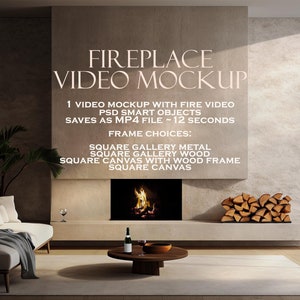 Puede incluir: Una maqueta de vídeo de chimenea con un bucle de vídeo de 12 segundos. La maqueta muestra una chimenea con fuego ardiendo en su interior. La chimenea está rodeada por una pared blanca y un suelo de madera. El texto "FIREPLACE VIDEO MOCKUP" se muestra sobre la chimenea. El texto "1 VIDEO MOCKUP WITH FIRE VIDEO PSD SMART OBJECTS SAVES AS MP4 FILE ~ 12 SECONDS FRAME CHOICES: SQUARE GALLERY METAL SQUARE GALLERY WOOD SQUARE CANVAS WITH WOOD FRAME SQUARE CANVAS" se muestra debajo de la chimenea.
