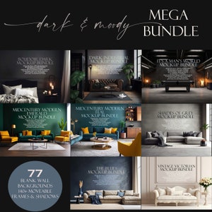 Dark & Moody Interiors Frame Mockup Bundle (77), Mega Bundle, Blank Wall Mockup, Canvas Mockup, Dark Room Mockups, Gothic Mockup, PSD, JPG