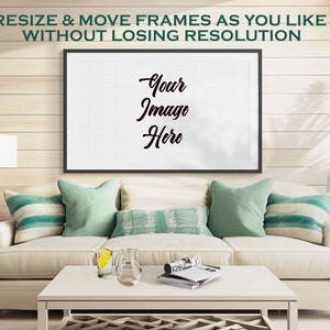 May include: A white couch with teal and white striped pillows in a living room setting. A black framed picture with the text "Your Image Here" hangs on the wall above the couch.