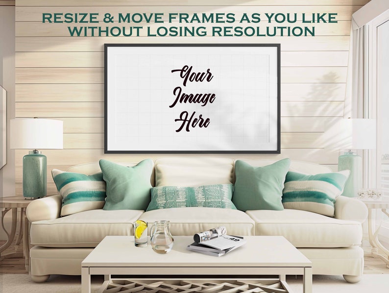 May include: A white couch with teal and white striped pillows in a living room setting. A black framed picture with the text "Your Image Here" hangs on the wall above the couch.