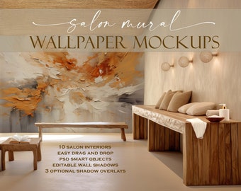 May include: A mockup of a salon interior with a large abstract wall mural in shades of orange, brown, and gray. The room features a wooden bench with pillows, a wooden side table, and a book. The text "salon mural WALLPAPER MOCKUPS" is at the top of the image. The text below the image reads "10 SALON INTERIORS EASY DRAG AND DROP PSD SMART OBJECTS EDITABLE WALL SHADOWS 3 OPTIONAL SHADOW OVERLAYS".