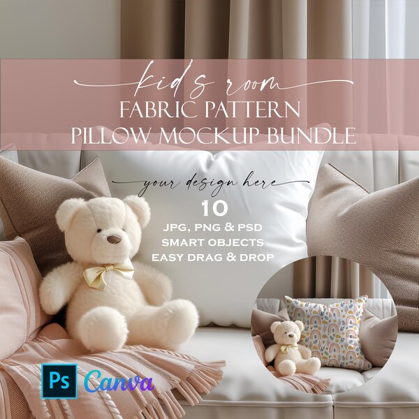 Kids Pillow Mockup Bundle (10), Fabric Pattern, Transparent Mockup, White Cushion Mockup, Throw Pillow Mockup, PSD, JPG, PNG for Canva