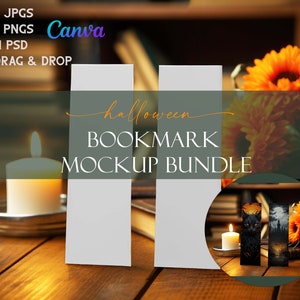 May include: A mockup bundle of Halloween-themed bookmarks. The image shows two blank bookmarks, a lit candle, and a stack of books. The text "halloween BOOKMARK MOCKUP BUNDLE" is displayed on the image.