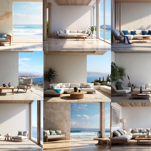 May include: Nine different views of a living room with various furniture arrangements, all featuring a large window with an ocean view. The furniture includes sofas, chairs, coffee tables, and plants.