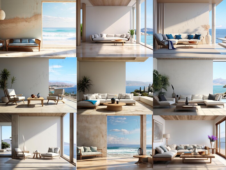 May include: Nine different views of a living room with various furniture arrangements, all featuring a large window with an ocean view. The furniture includes sofas, chairs, coffee tables, and plants.