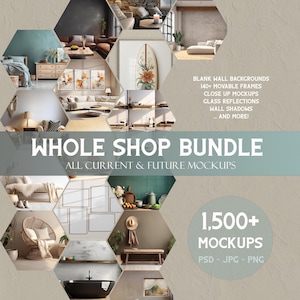 Può includere: Un collage di immagini che mostrano oltre 1.500 mockup per la progettazione di prodotti. I mockup presentano vari stili di design d'interni, tra cui moderno, minimalista e bohémien. Il testo "BLANK WALL BACKGROUNDS", "140+ MOVABLE FRAMES", "CLOSE UP MOCKUPS", "GLASS REFLECTIONS", "WALL SHADOWS", "... AND MORE!" e "WHOLE SHOP BUNDLE" è visibile nell'immagine. Il testo "ALL CURRENT & FUTURE MOCKUPS" è anche visibile. Il testo "1,500+ MOCKUPS" è visibile in caratteri grandi. Il testo "PSD - JPG - PNG" è visibile nell'immagine.