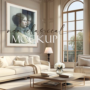 May include: A white sofa with pillows and a throw blanket sits in a living room with a large framed painting on the wall, a coffee table with books, a vase of white flowers, and a chair. The text "neo-classical MOCKUP" is written in cursive on the wall.