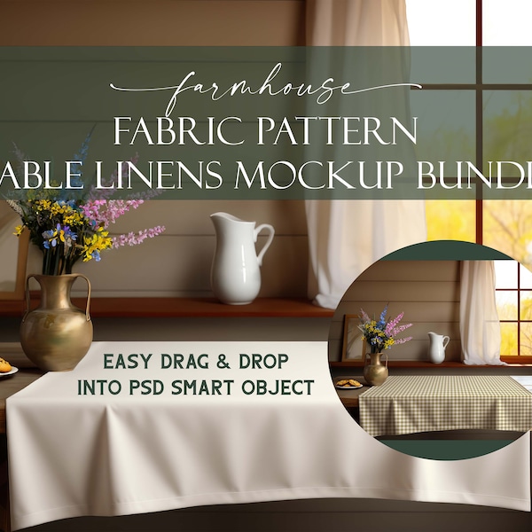 Farmhouse Table Linens Fabric Pattern Mockup Bundle (10), Napkin Mockup, Tablecloth Mockup, Placemat, Styled Photography Mockup, PSD, JPG