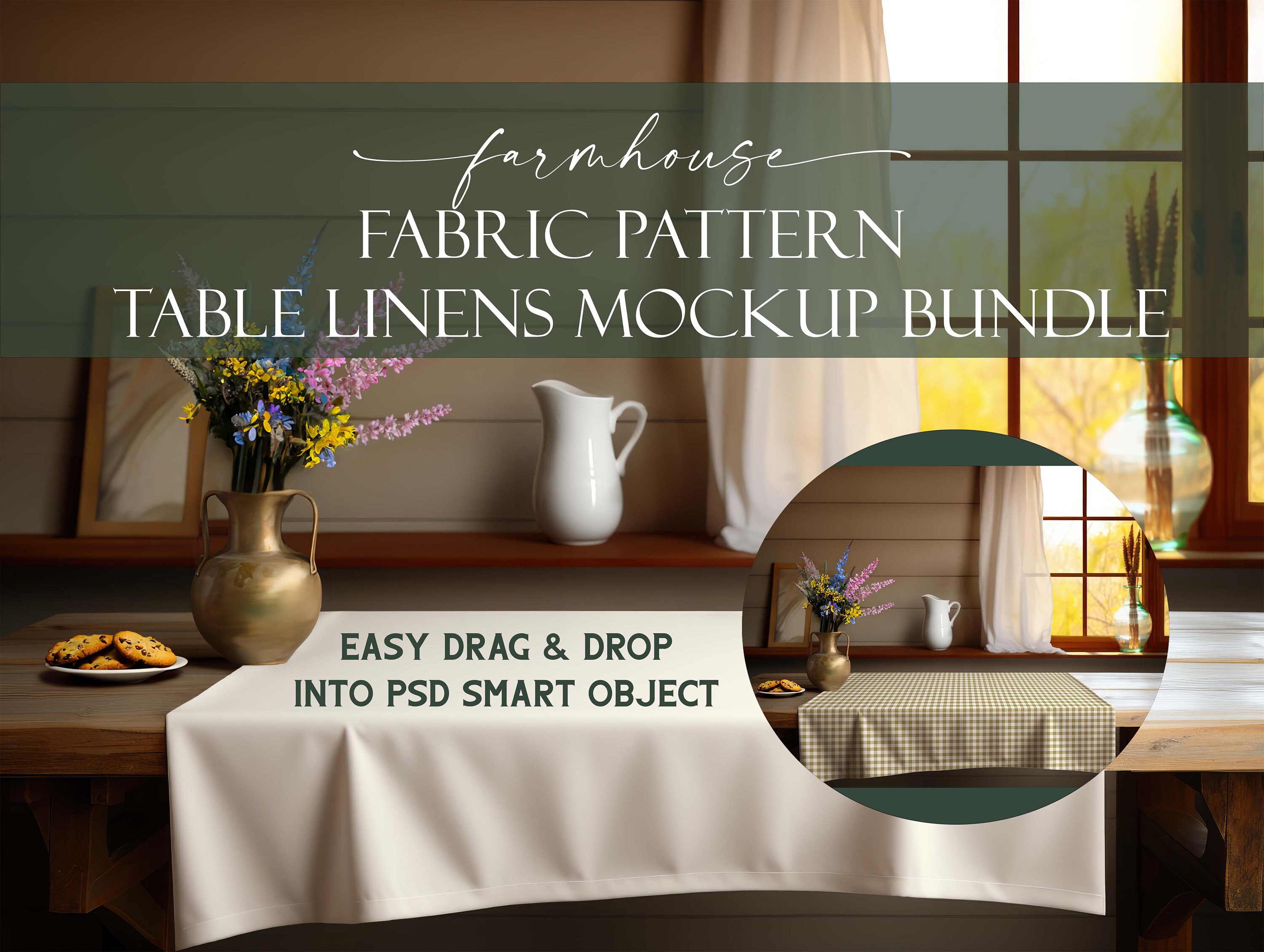 Farmhouse Table Linens Fabric Pattern Mockup Bundle (10), Napkin Mockup, Tablecloth Mockup, Placemat, Styled Photography Mockup, PSD, JPG
