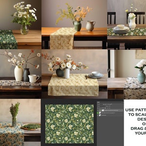 Pu&ograve; includere: Una collezione di runner da tavolo con motivi floreali, esposti su tavoli di legno. I runner presentano vari design, tra cui floreale verde e bianco, e beige con motivi floreali gialli. Sono presenti anche vasi di fiori e oggetti decorativi.