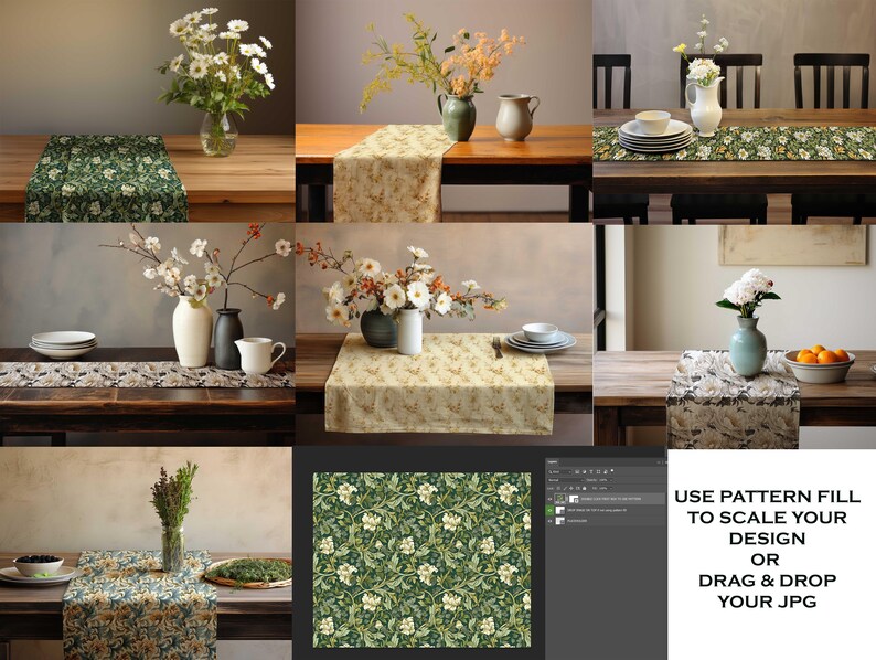 Pu&ograve; includere: Una collezione di runner da tavolo con motivi floreali, esposti su tavoli di legno. I runner presentano vari design, tra cui floreale verde e bianco, e beige con motivi floreali gialli. Sono presenti anche vasi di fiori e oggetti decorativi.