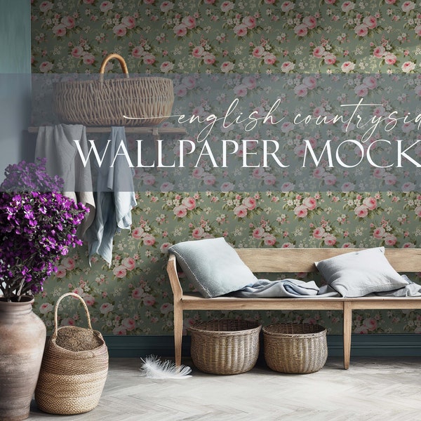 Wallpaper Mockup Bundle (8) | Empty Wall Mockup, Blank Wall Mockup, English Countryside, Farmhouse Mockup | PSD Smart Object | Mural Mockup