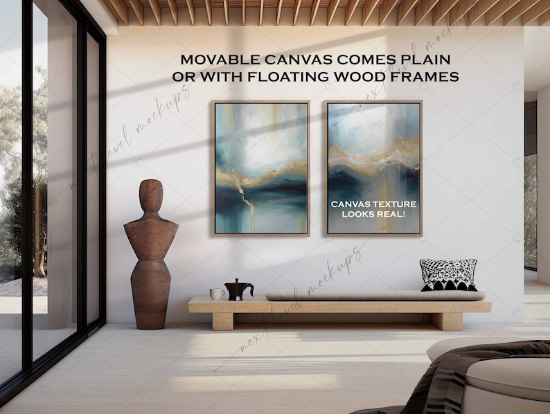 Może przedstawiać: Dwa abstrakcyjne obrazy w kolorach niebieskim, złotym i białym w drewnianych ramach wiszące na białej ścianie. Tekst "MOVABLE CANVAS COMES PLAIN OR WITH FLOATING WOOD FRAMES" i "CANVAS TEXTURE LOOKS REAL!" jest widoczny na obrazie.