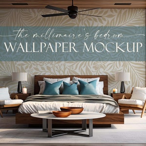 May include: A bedroom interior design mockup featuring a large bed with white bedding and blue throw pillows, two wooden chairs with white cushions, and a coffee table with a book and bowls. The wall behind the bed is covered in a beige and white floral wallpaper with the text "the millionaire's bedroom WALLPAPER MOCKUP".