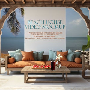 May include: A beach house video mockup with a white wall, a wooden frame, and a view of the ocean. The mockup includes a couch with pillows, a coffee table, a side table, and a vase with flowers. The text on the wall reads "Beach House Video Mockup" and includes details about the mockup.