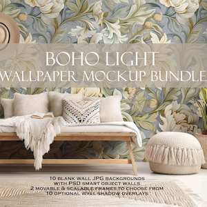 Pacchetto Mockup carta da parati Boho (10) / Boho Light, Mockup parete vuota, Mockup parete vuota, Mockup interni Boho, Mockup murale, PSD, PNG JPG